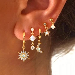 2PCS New Star Moon Zircon Opal Hoop Earrings for Women Stainless Steel Stud Earring Ear Buckle Piercing Jewelry Gifts Pendientes
