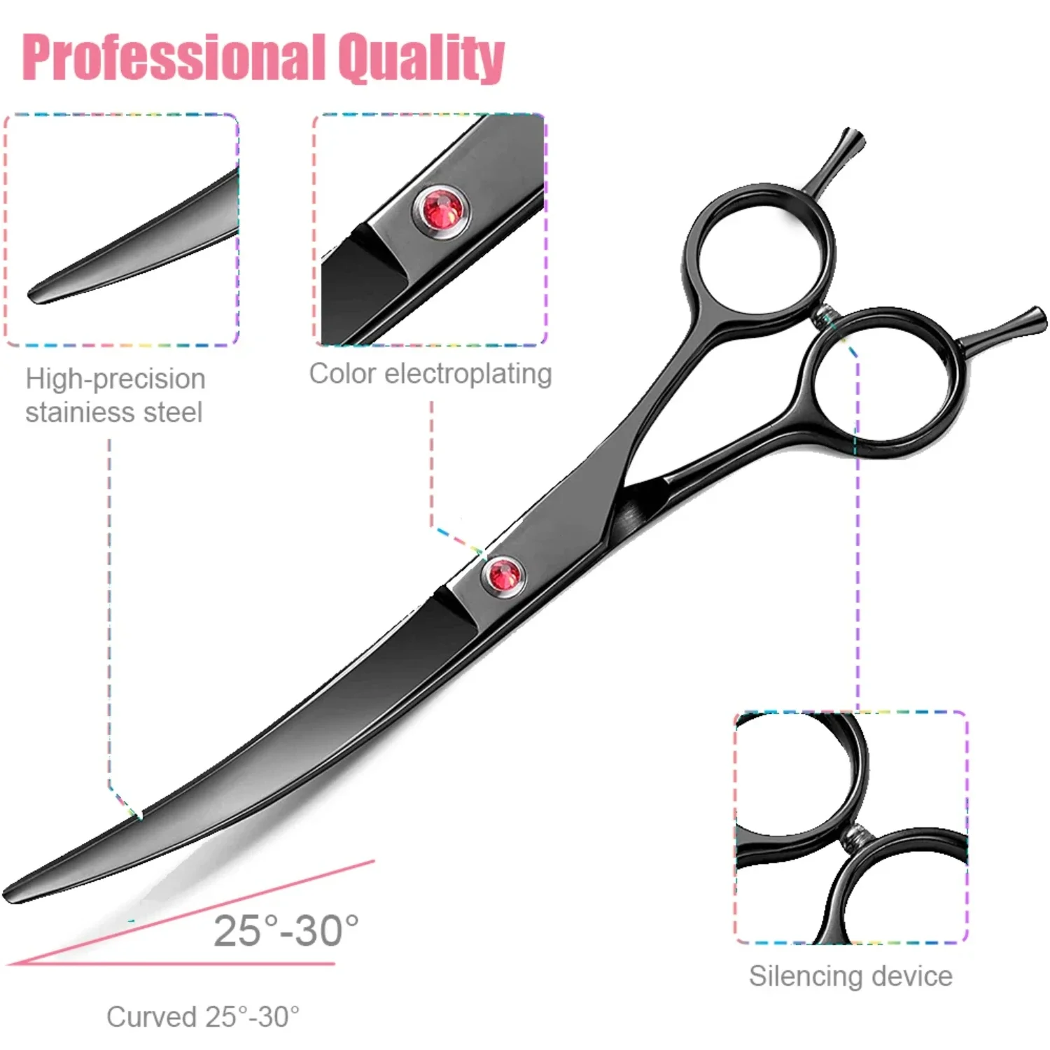 Efficient and modern curved stainless steel pet grooming scissors for stubborn tangles and dense coats. Precise control and effo