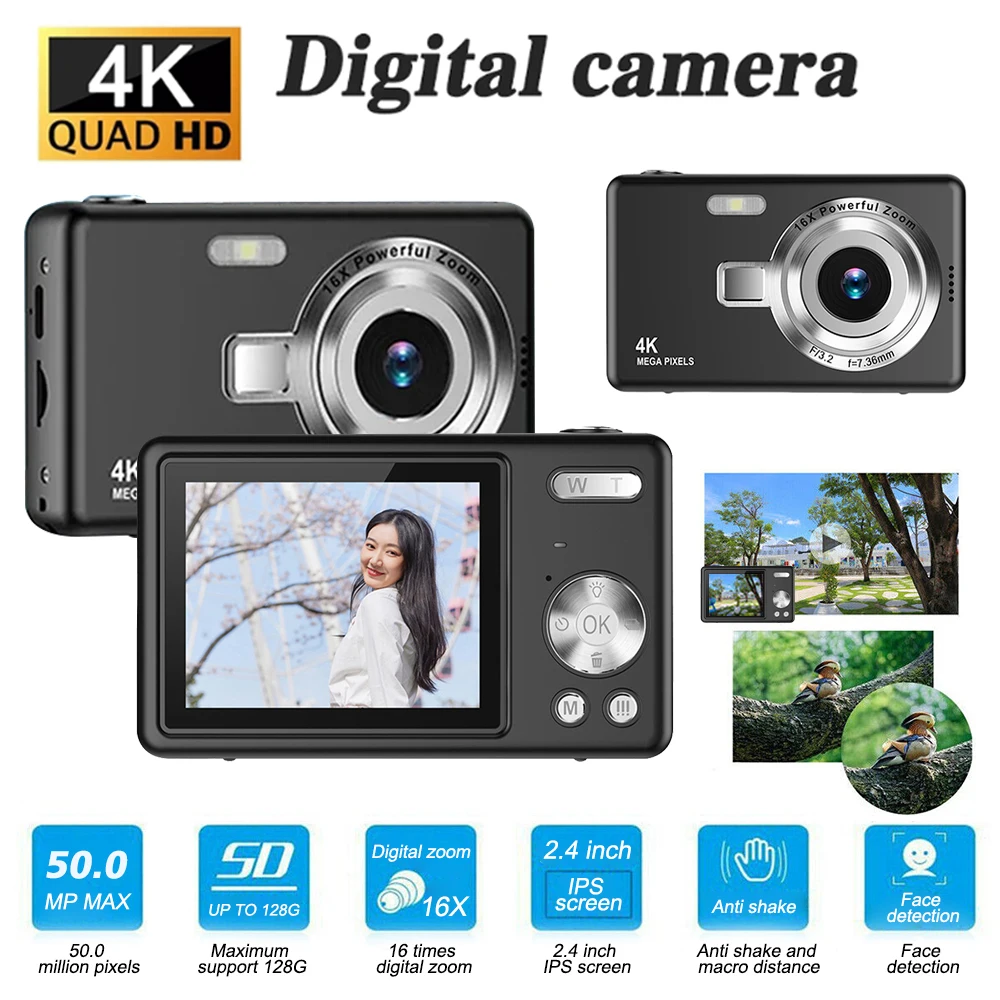 4K Autofocus Digital Camera for Kid Camcorder  with 16x Zoom Compact Cameras 2.4'' IPS screen Camera for Beginner Photography