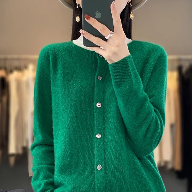 100% lã pura cardigan primavera e outono novo suéter de caxemira feminino o-pescoço cardigan quente malha camisa de fundo