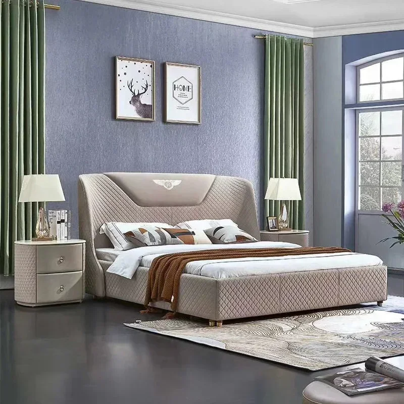 

Современная деревянная двуспальная кровать, мебель для комнаты, роскошная мягкая кровать размера «king-size», кожаная кровать размера «queen-size» с высоким изголовьем