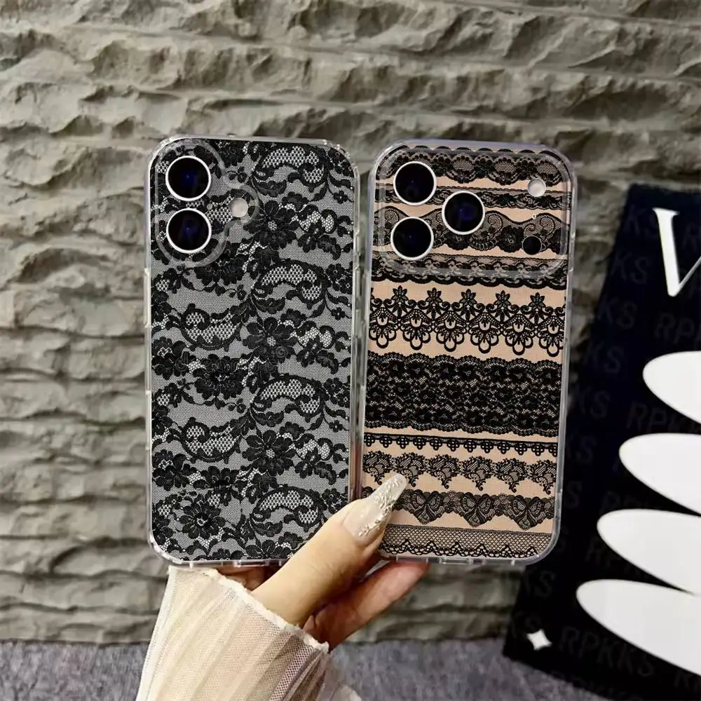 

Black lace print New Hot Phone Case For iPhone 17,16,15,14,13,12,Pro,Max,Plus,E,SE4,Air,Mini Transparent Cover