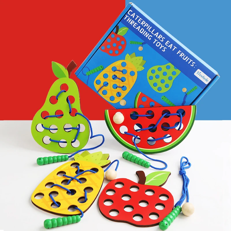 Schnürspielzeug aus Holz, pädagogische Früchte, Einfädeln, Aktivitätsräder, Lernen der Feinmotorik, Auto, Reisespielzeug-Set für Kleinkinder und Kinder – Detail 5
