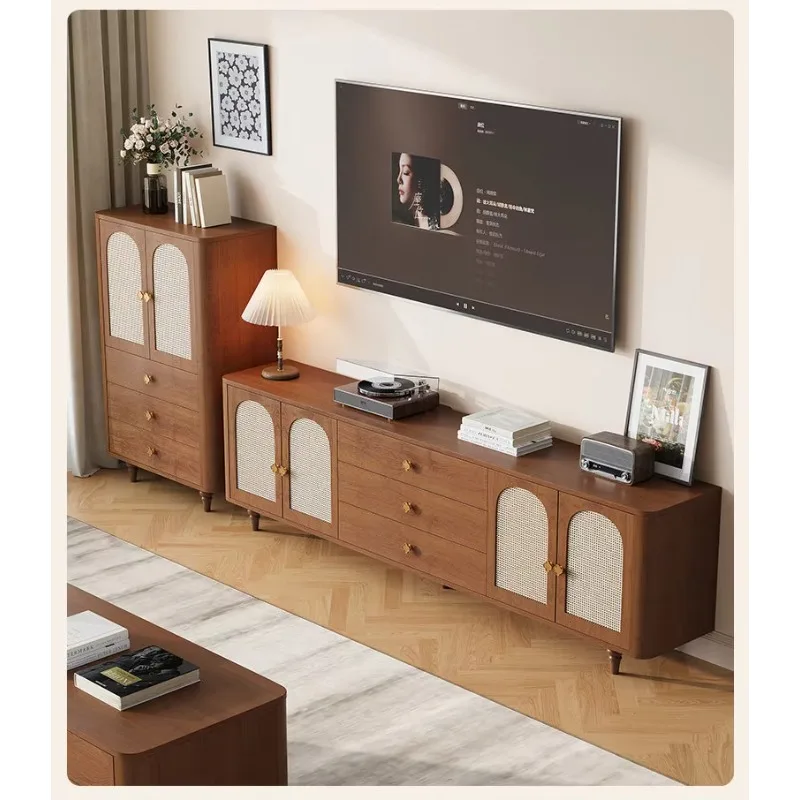 DSA Rubber Wood Solid Wood TV Cabinet Living Room New Light Luxury Household Retro Medieval High Foot Cabinet