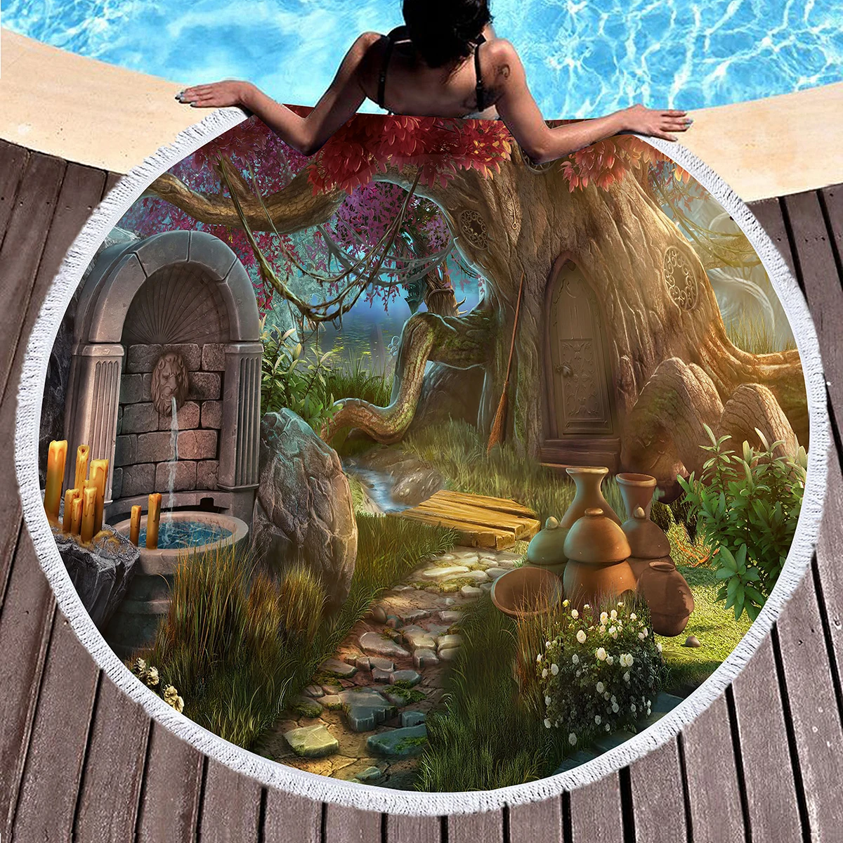 منشفة الشاطئ المستديرة، الكرتون خرافة التحوط منزل الرمال مقاومة شال بطانية الشاطئ، ماصة سريعة الجافة منشفة حمام السباحة سجادة للرحلات #1