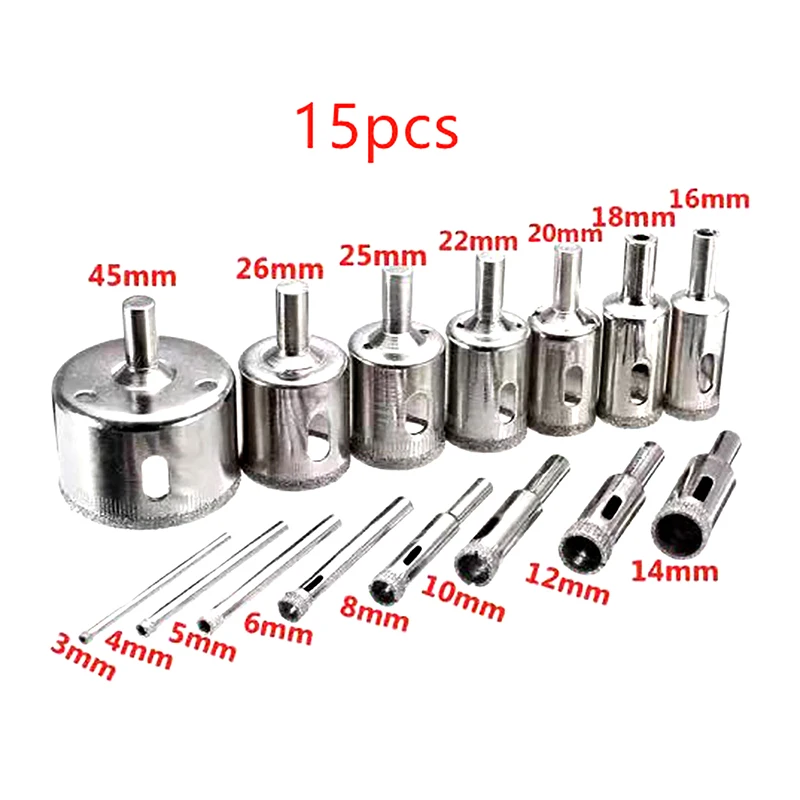 15pcs/set Diamond Coated Hole Saw Drill Bit Cutter Core Shaft Tool Kit Glass Marble