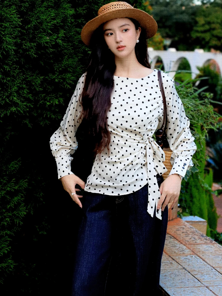 

Retro Polka Dot Long Sleeve Women's Top Waist Cinching Tie round Neck Shirt Early Autumn New Design Breathable Polyester Fiber