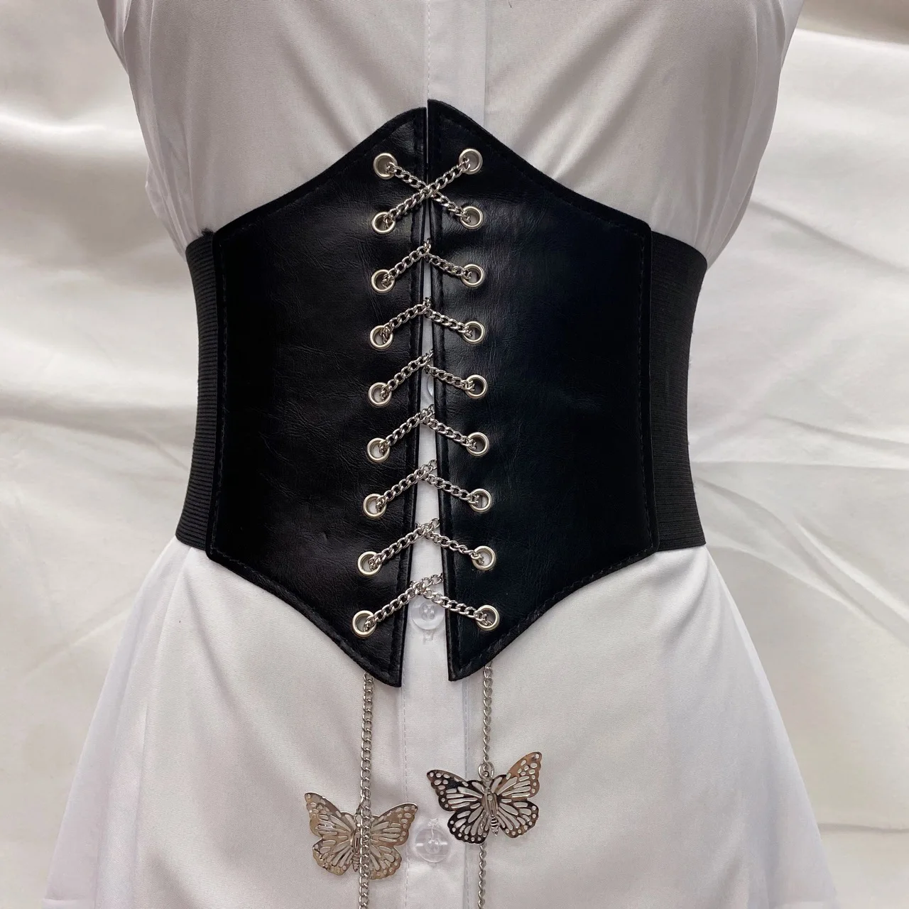 Gothic Corset Wide Pu Leather Slimming Body Belts Butterfly Chain Women Elastic High Waist Belts Feminin Ceinture Femme Fajas