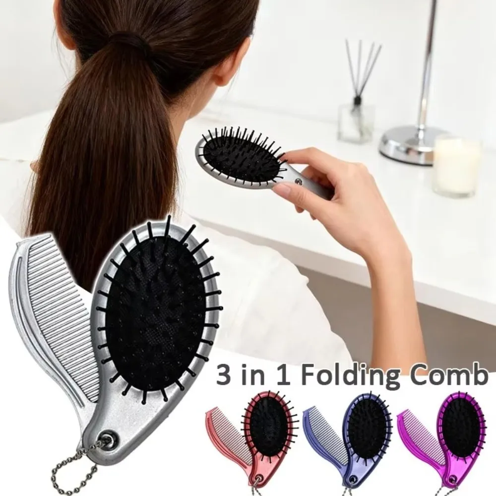 

Fashion 3-in-1 Foldable Hair Comb Mirror Multifunctional Foldable Travel Comb Massage Comb