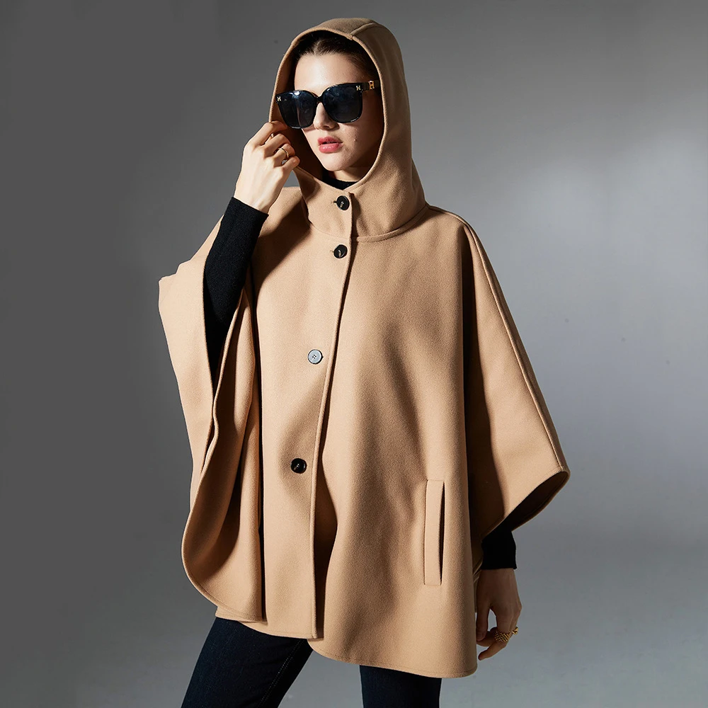 

Classic Vintage Noble Woolen Coat Cape Hooded Button Pocket Loose Pure Color Cloak Women Autumn Winter Outerwear Poncho