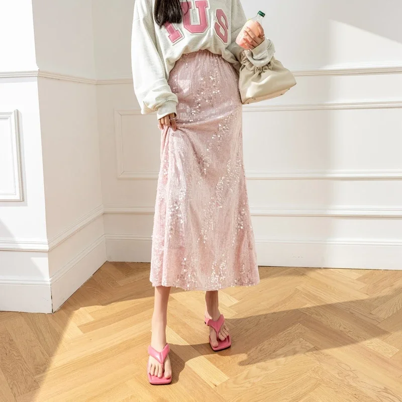 Elegant A Line Long Skirts for Women Korean Fashion Clothing Casual Sequined Faldas High Waist Autumn Winter Black Y2k Skirts