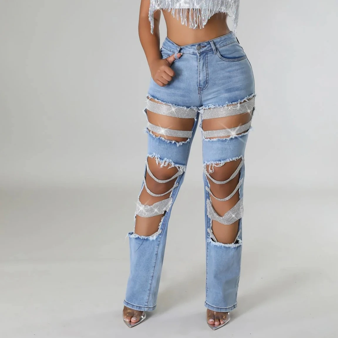 

Ripped Jeans for Women Straight Pants Diamonds Chain Stretch Distressed High Waist Floor Length 2025 Streetwear Denim Trousers