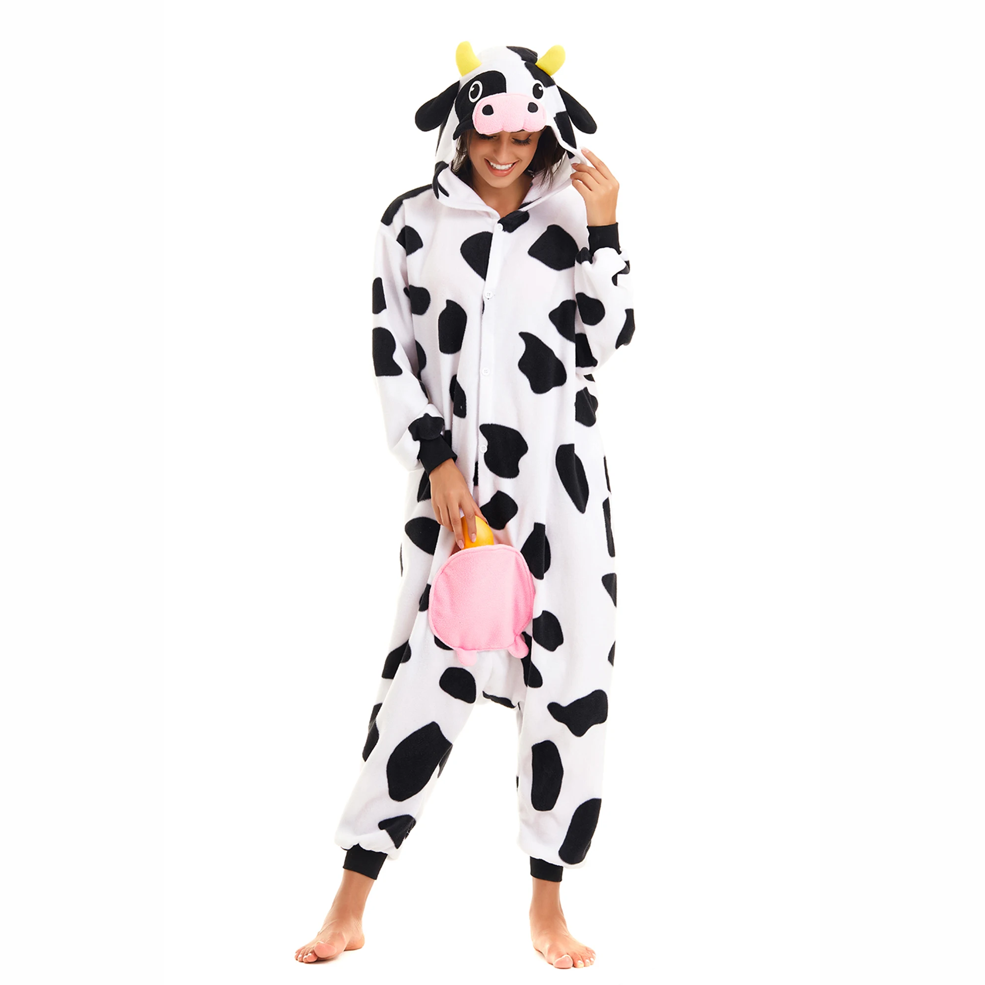 Canasour vaca macacão pijamas de uma peça adultos mulheres pijamas macios com capuz halloween natal cosplay traje animal pijamas