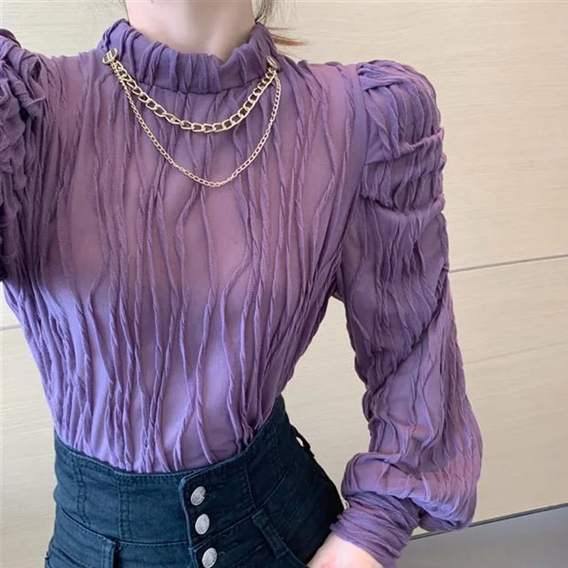 Fashion All-match Solid Color Folds Tops for Female Korean Simplicity Long Sleeve Stand Collar T-shirt Autumn Women's Clothing