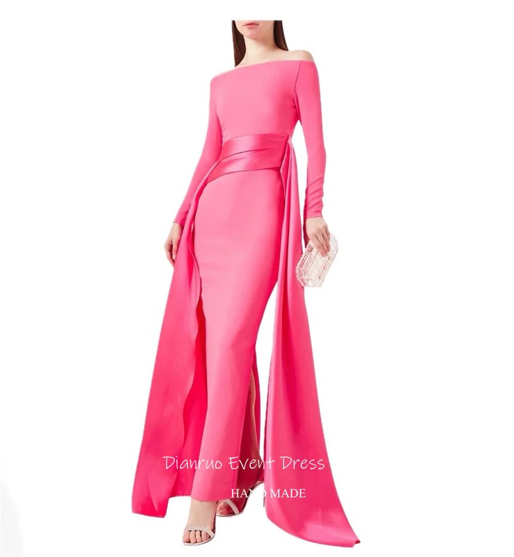 Dianruo Dubai Вечерние платья с рюшами Синий атлас فساتين سهرة Прямые платья для выпускного вечера с открытыми плечами в Аравии по индивидуальному заказу