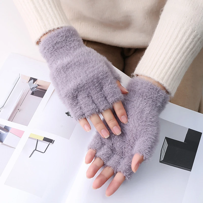 Fluffy Plush Fingerless Gloves Imitation Mink Half Finger Outdoor Knitting Gloves Soft Winter Warm Thickened Touchscreen Gloves