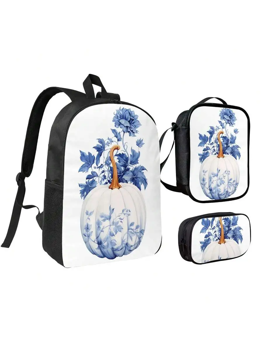 3pcs Bag Set Blue White Porcelain Pumpkin Floral Print Backpack Crossbody Pouch Adjustable Straps Lightweight Zippered