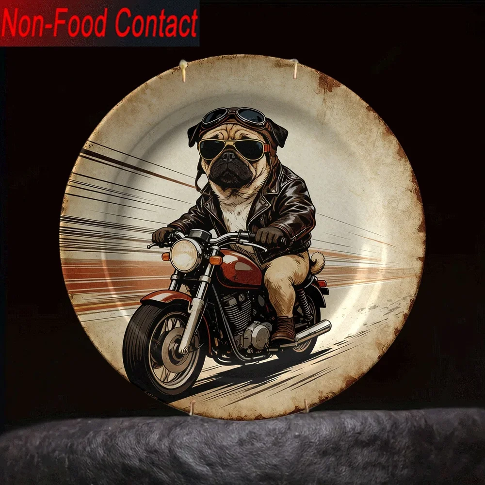 1pc Ceramic Decorative Plate - Pug Dog Riding Motorcycle Design, Non-Food Contact Safe, Classic Style Round Tabletop Decor for
