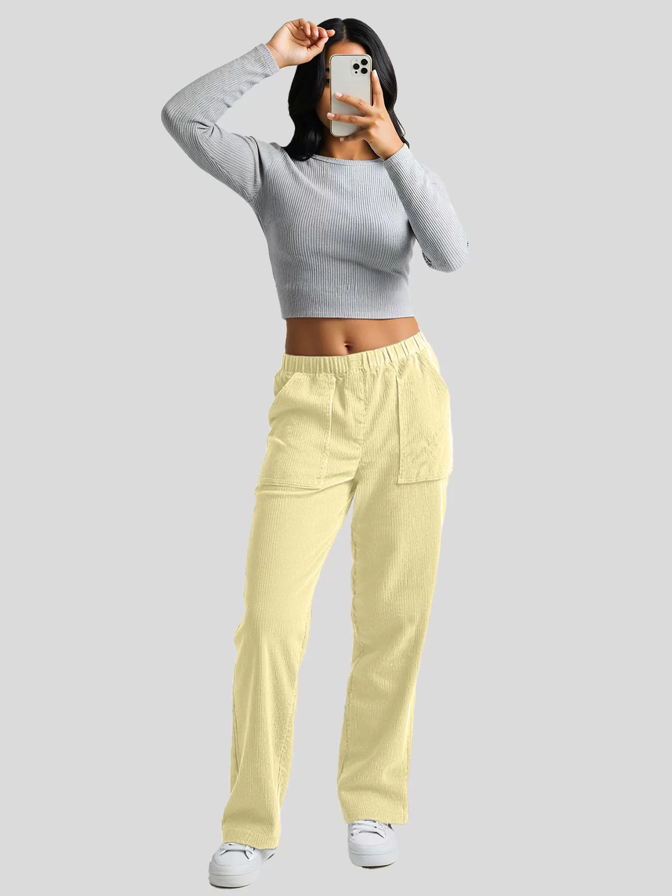 

Spring Autumn Casual Trousers Solid Color Daily Comfortable Loose Women Clothes Elastic Waist High Waist Corduroy Straight Pants