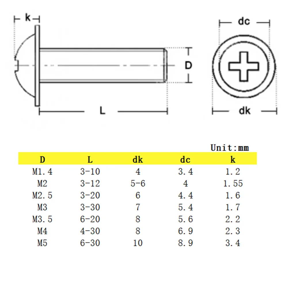 10/20/50/70/100pcs DIN967 304 Stainless Steel Cross CollarPhillips Pan Round Head Screw Bolt With Washer M1.4M2M2.5M3M4M5M6