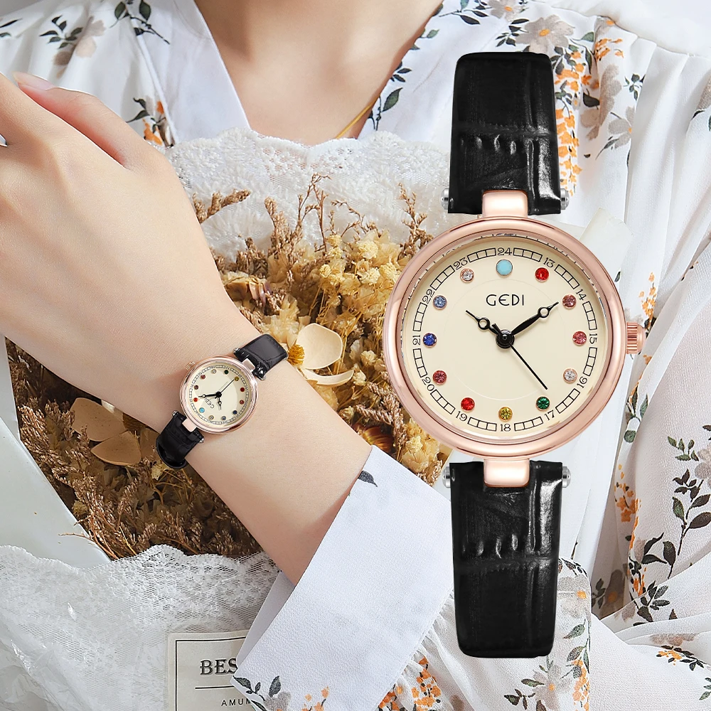 

GEDI Colorful-Diamond Women Watches Luxury Brand Ladies Fashion Quartz Wristwatches PU Leather Strap Woman Waterproof Watch Gift