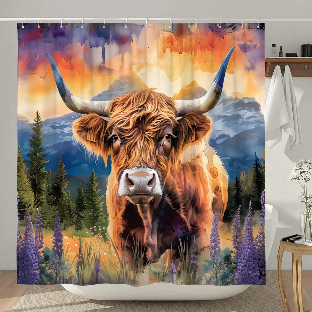 Funny Highland Cow Shower Curtain Rustic Country Cow Cartoon Animal Children\'s Bath Curtain Polyester Fabric Home Bathroom Decor