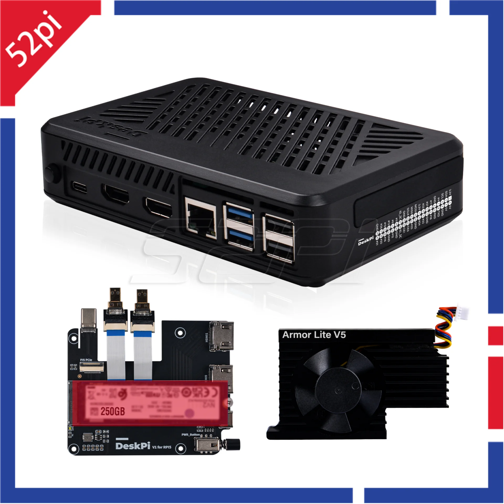 DeskPi Lite Pi5 Case ABS Enlosure with Armor Lite V5 Support M.2 NVMe SSD for Raspberry Pi 5