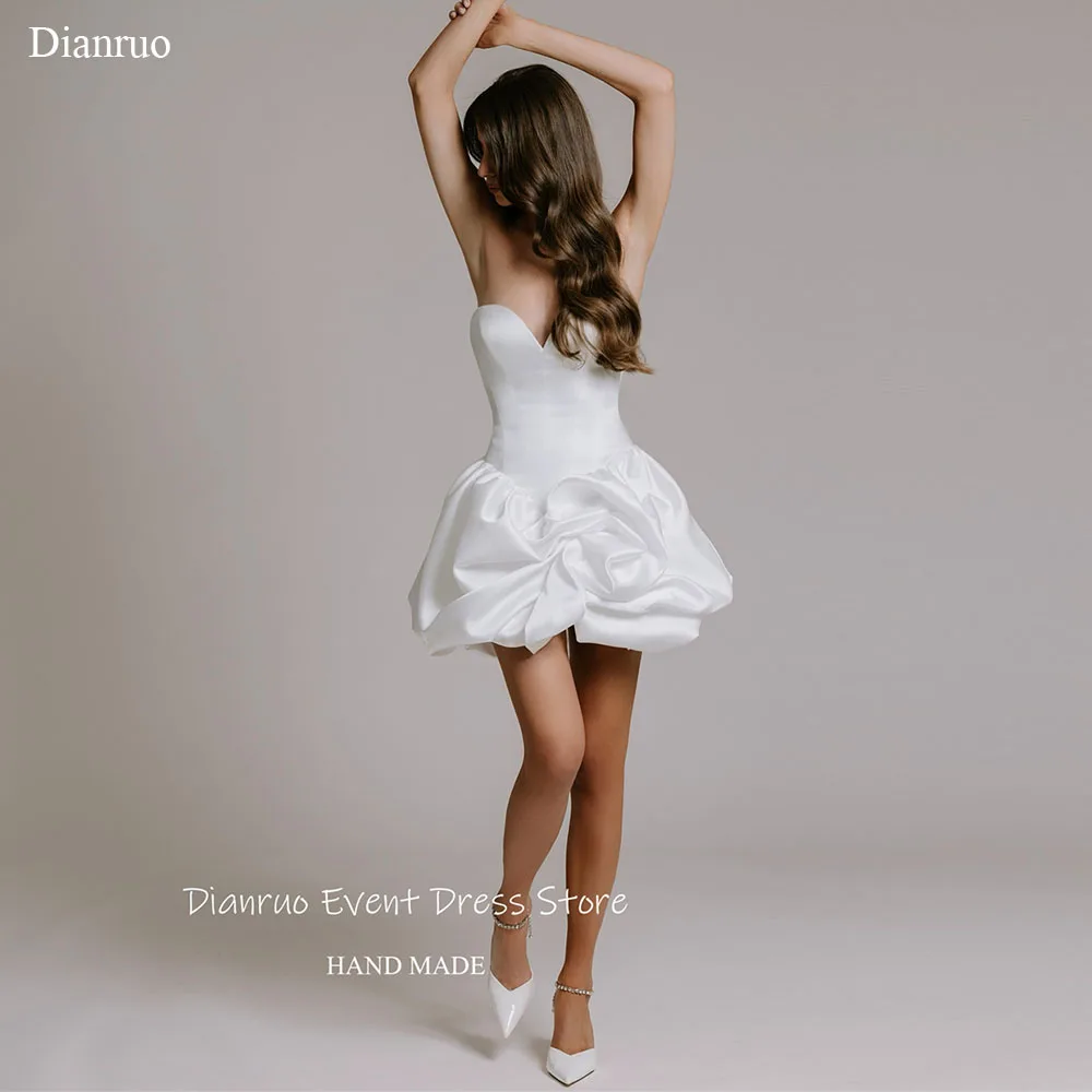 Dianruo 푹신한 연인 웨딩 드레스 짧은 길이 신부 이브닝 드레스 화이트 새틴 우아한 홈 커밍 드레스 맞춤형