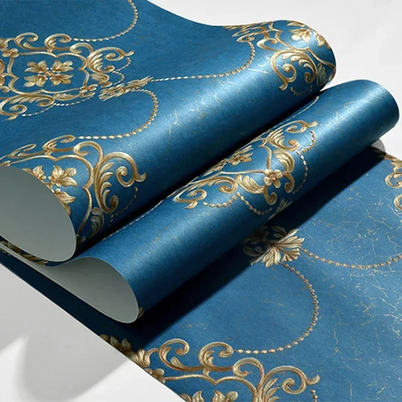 Rollo de papel tapiz Damasco de lujo de estilo europeo, papel tapiz de decoración de pared engrosado no tejido en relieve 3D para sala de estar y