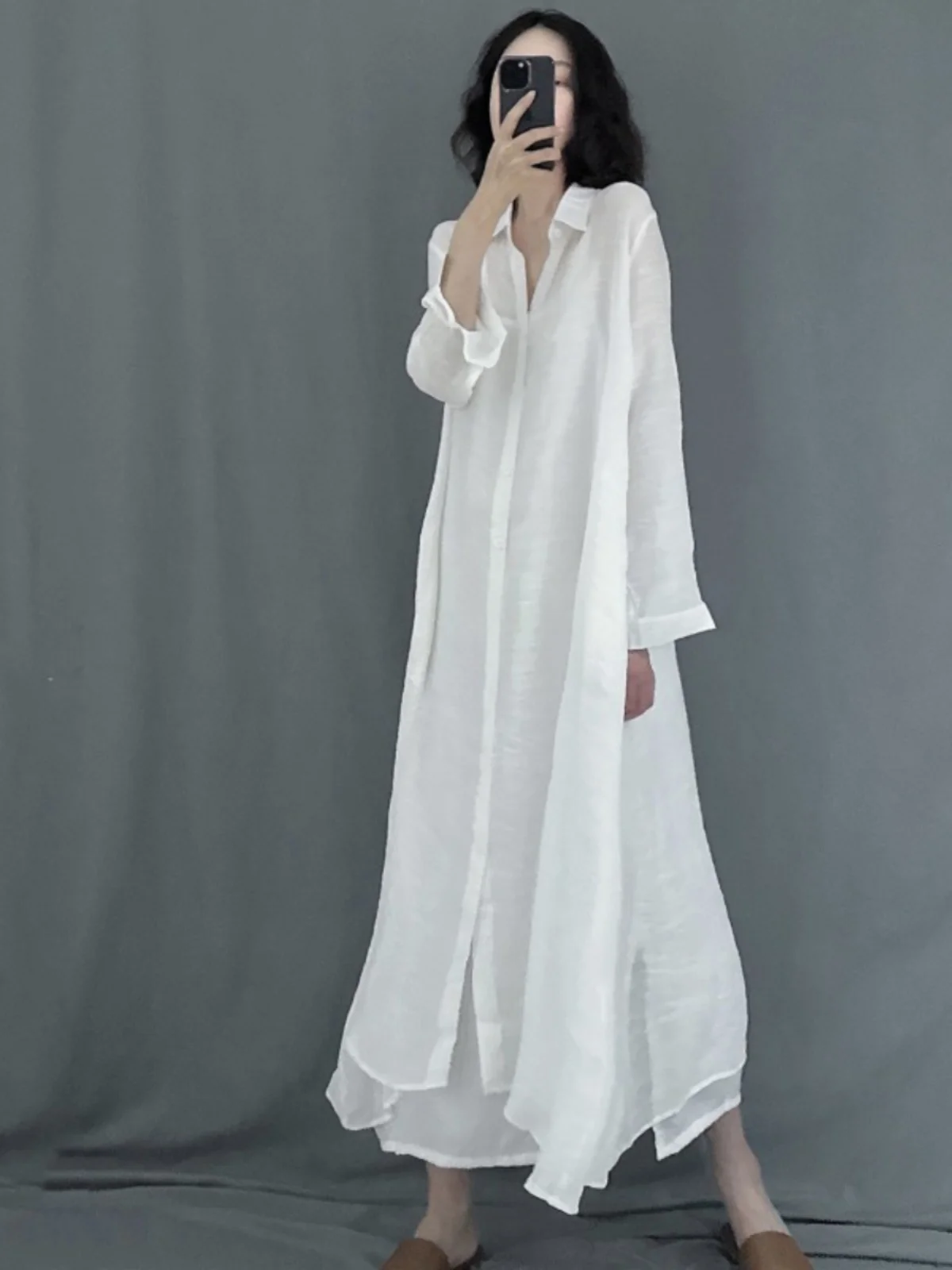 

Женское художественное простое длинное платье размера плюс, шелковое льняное длинное све, отложной воротник, защита от солнца, повседневное осеннее платье