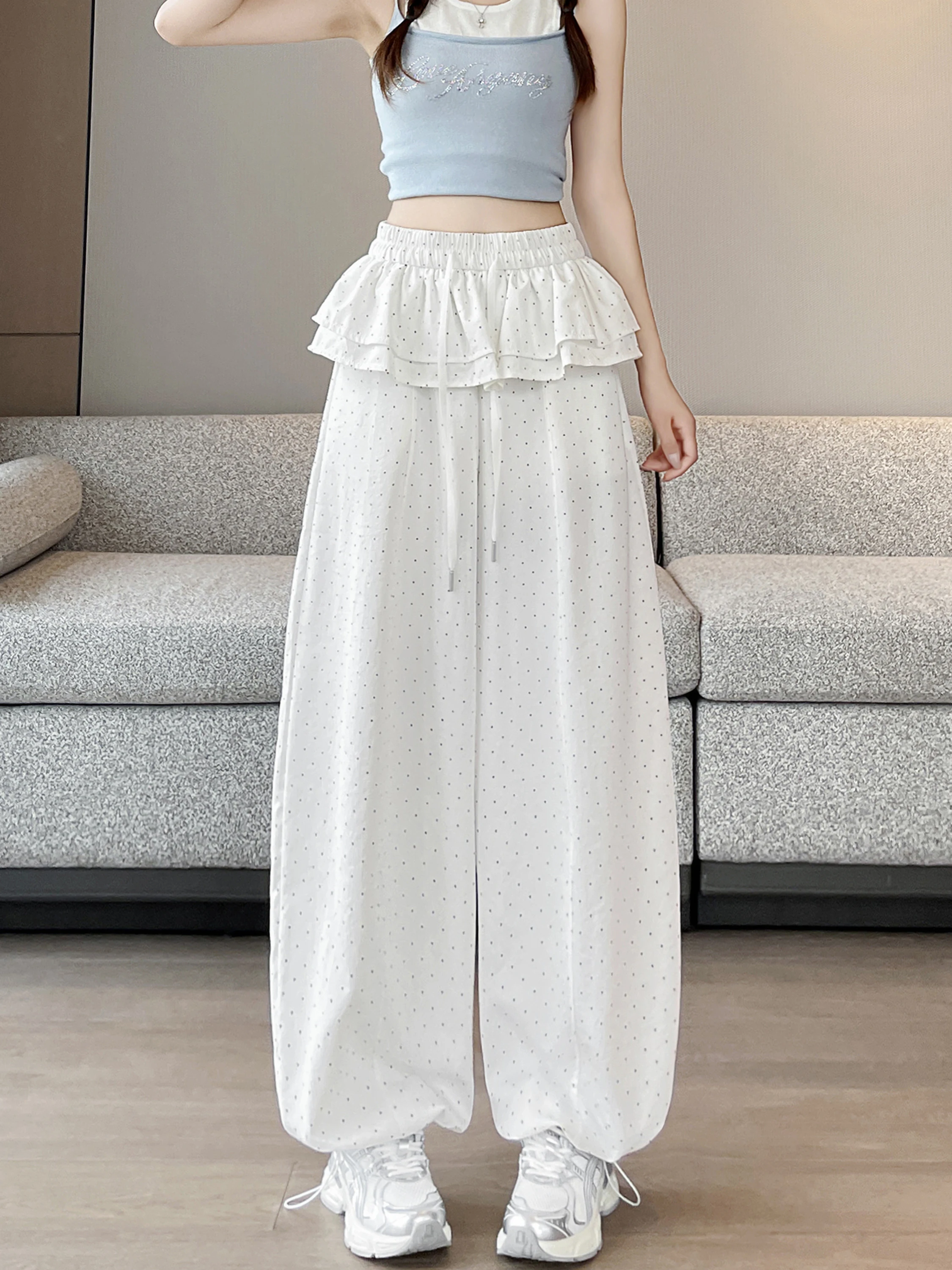

White Polka Dot Wide Leg Pants Women's Summer New Style Slimming Casual Drapey Thin Versatile Floor-Length Pants