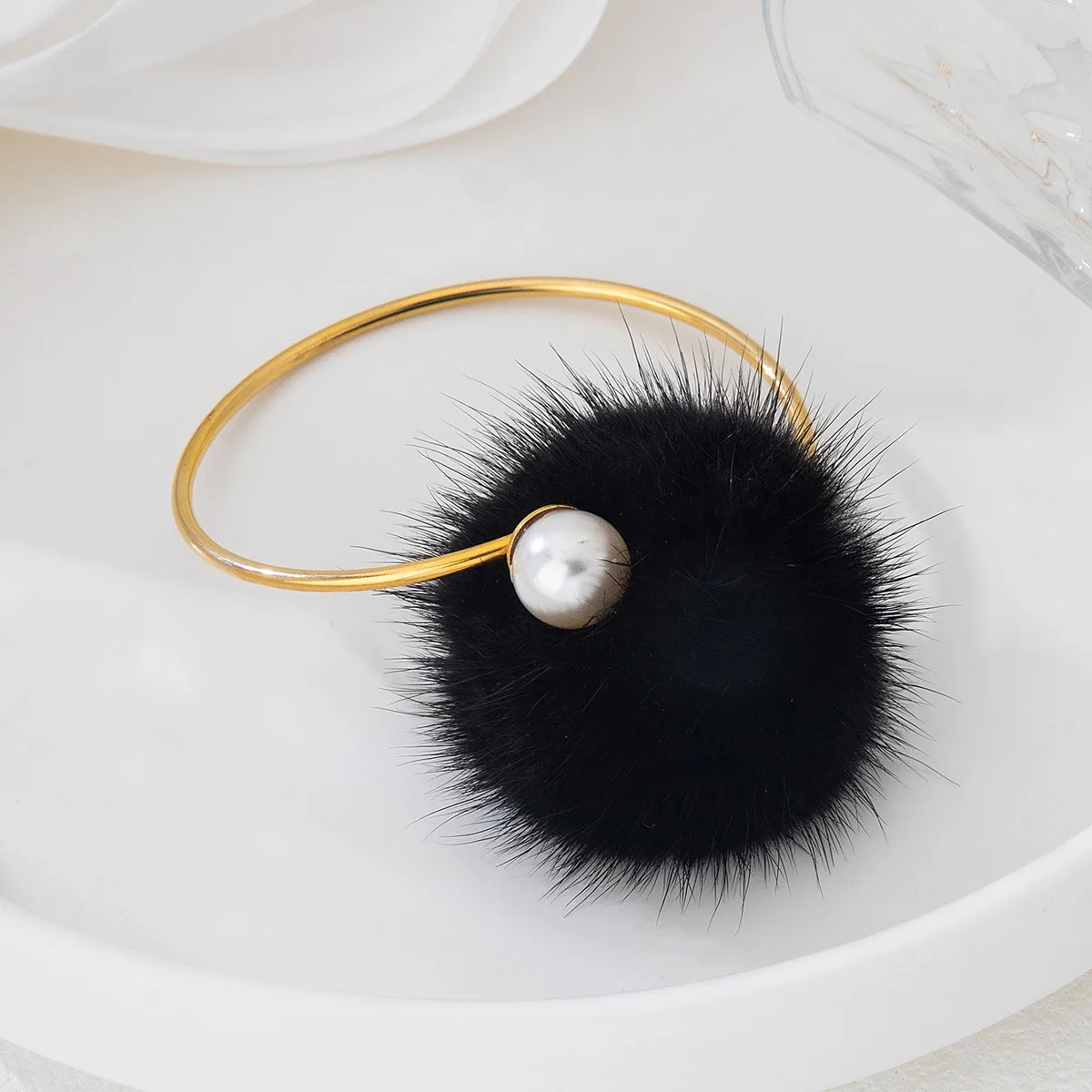 Black Fur Pom-Pom Bracelet, Elegant Winter Jewelry for Women, Fashion Accessory for Parties & Cold-Weather Wear