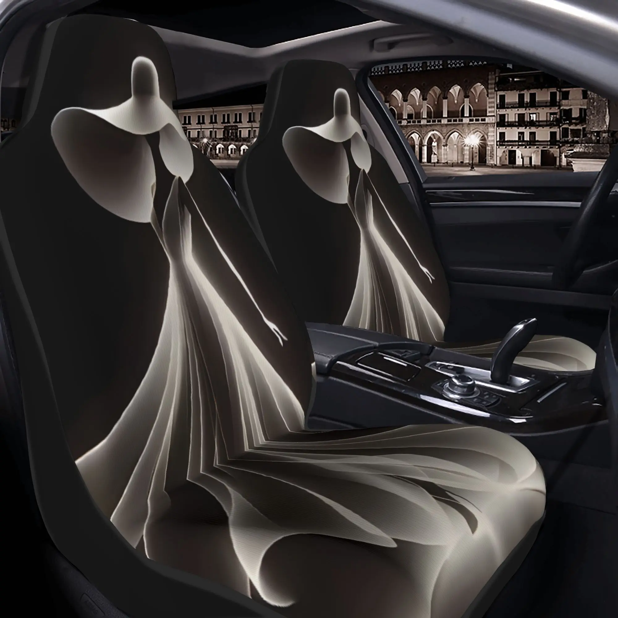 2pcs Ethereal Fashion Silhouette: Flowing Dress And Wide-Brimmed Hat In Dramatic LightCar Seat Covers, Suitable For All Vehicles