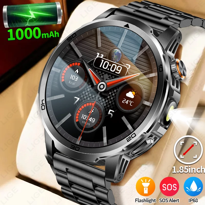 

LIGE New Military Grade 1000mAh Battery Smart Watch Men LED Flashlight & SOS Red Light IP68 Waterproof BT Call Men's Smartwatch