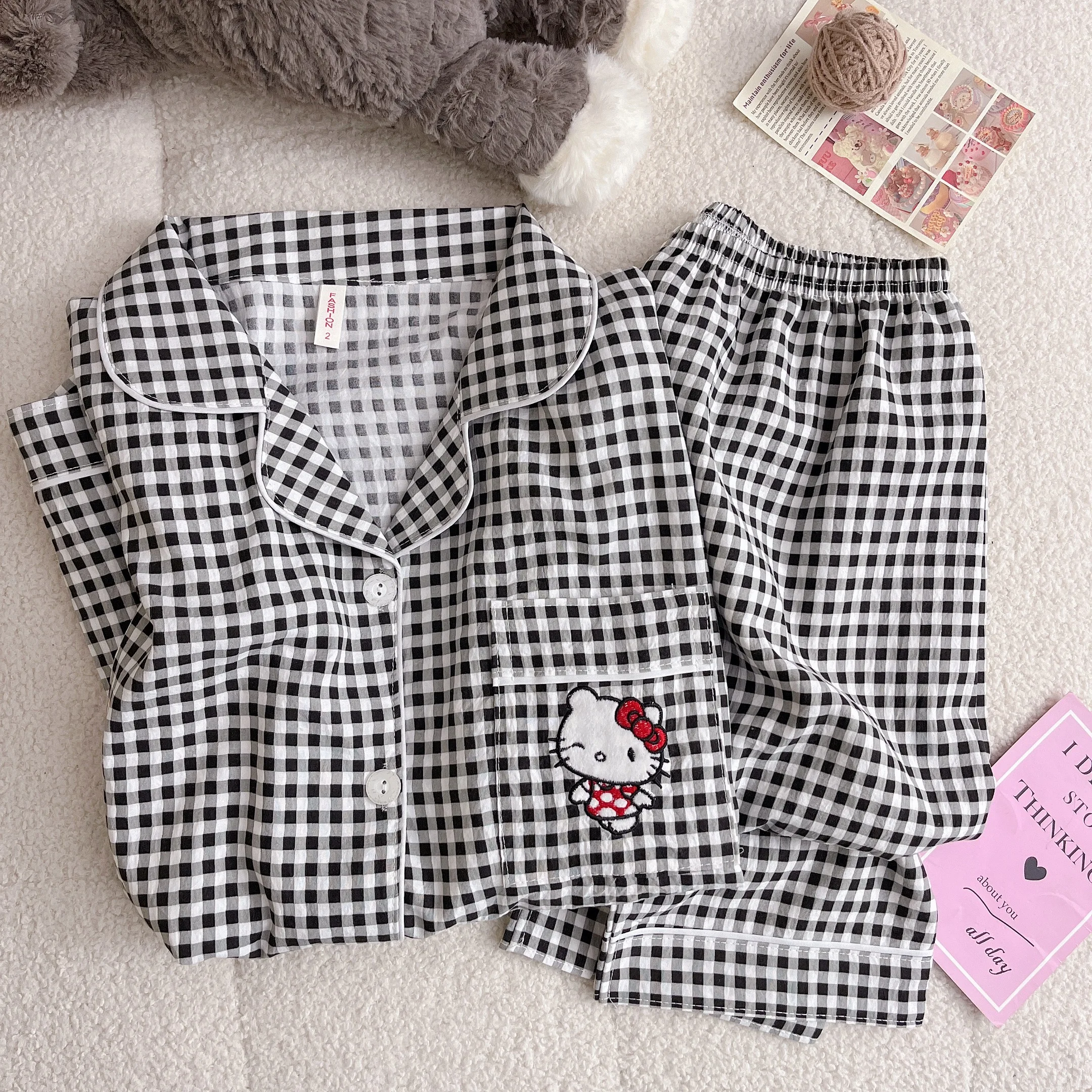

Hello Kitty Embroidered Women's Pajamas Set Fall Spring Plaid Print Loungewear Long Sleeve Cardigan Top and Pants Home Sleepwear