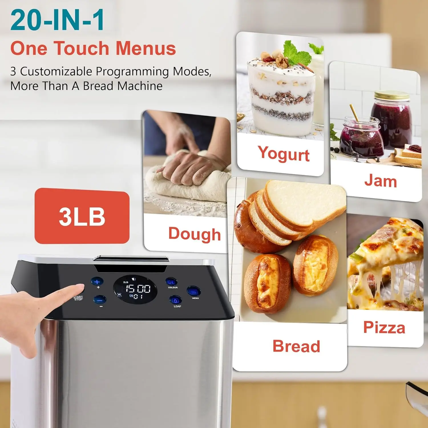 3LB Larger & 20-in-1 Ultra Quiet Bread Maker Machine, 710W Die-Cast Ceramic Pan Bread Machine with Dual Heaters