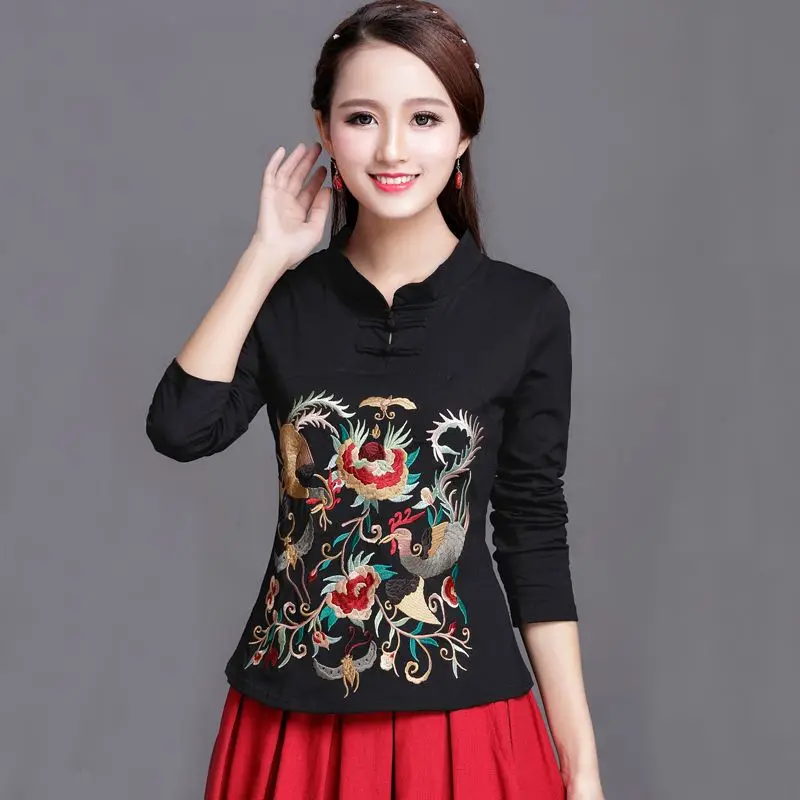Chinese Style Long Sleeve Embroidered T-shirt 2026 New Woman Spring Autumn Elegant Shirt Blouse Tops Female Casual Base Shirt image 2