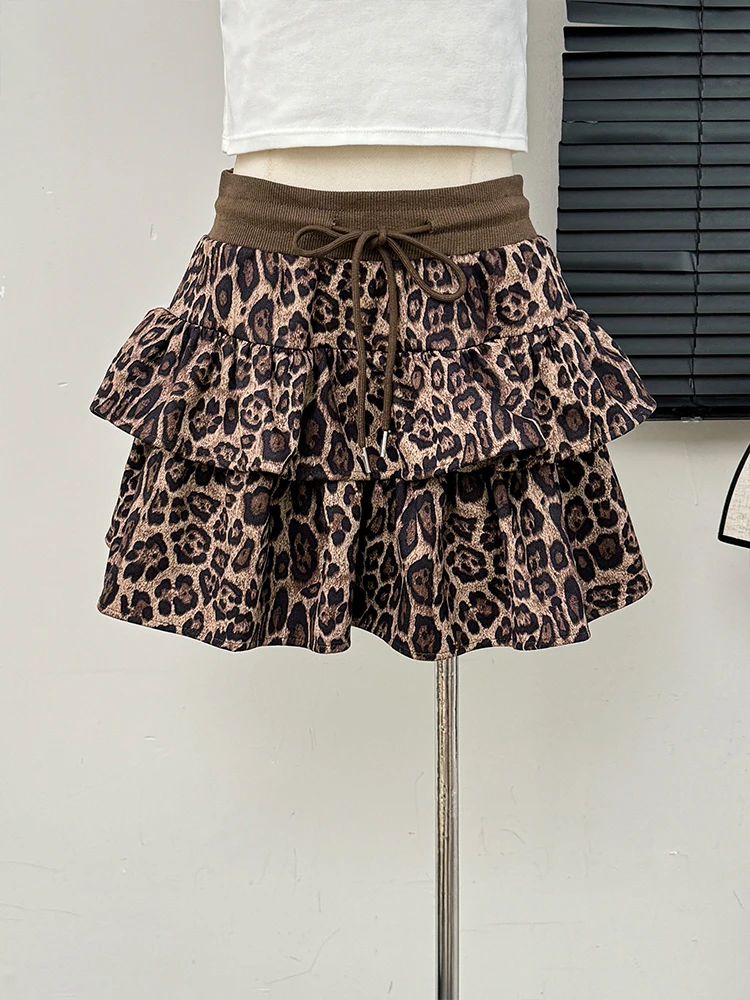 Women Leopard Y2k Shoujo Girl Aesthetic 2000s Mini Ruffle Skirt Gyaru Coquette Elastic Waist Cyber Punk Cake Skirt