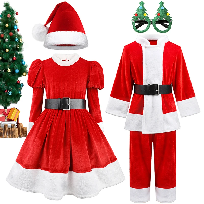 Winter New Year 2025 Kids Velvet Santa Claus Party Girls Christmas Dress Up Boys Clothing Xmas Masquerade Disguised Child Outfit