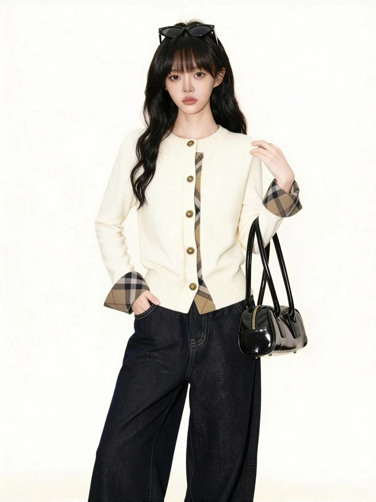 

Женский вязаный укороченный кардиган в клетку с эффектом пэчворк, приталенный топ в корейском стиле, для повседневной носки, осенне-зимняя новинка, мягкая ткань