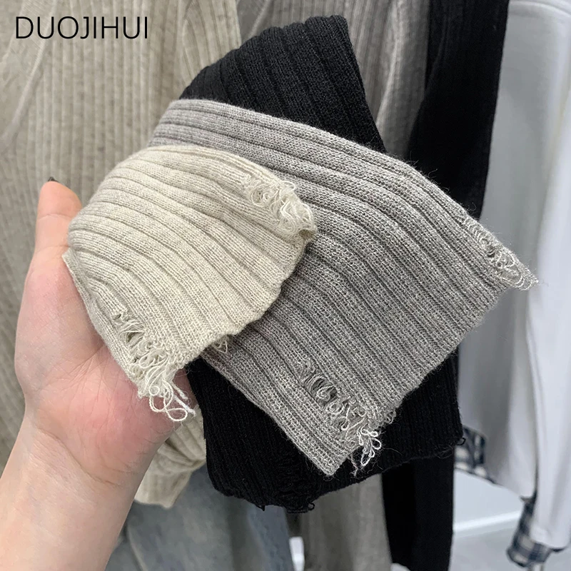 DUOJIHUI Classic V-neck Chic Striped Knitted Women Pullovers Autumn New Solid Color Long Sleeve Fashion Simple Female Pullovers