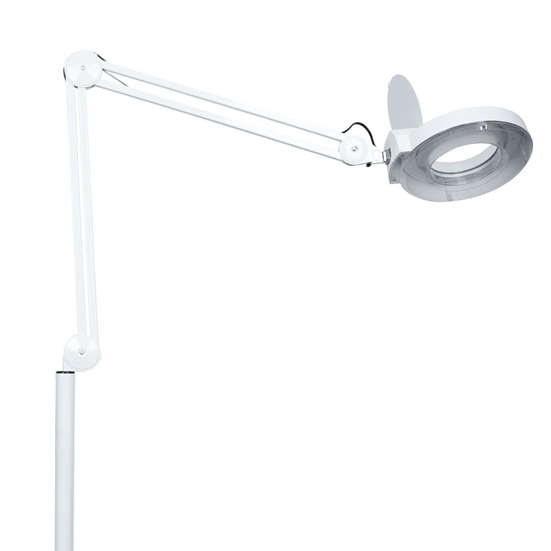 Soft Light Eye Protection Cold Light Lamp Cross Base with Wheels Beauty Salon LED Floor Light Swing Arm 8x Magnifying Glass Lamp