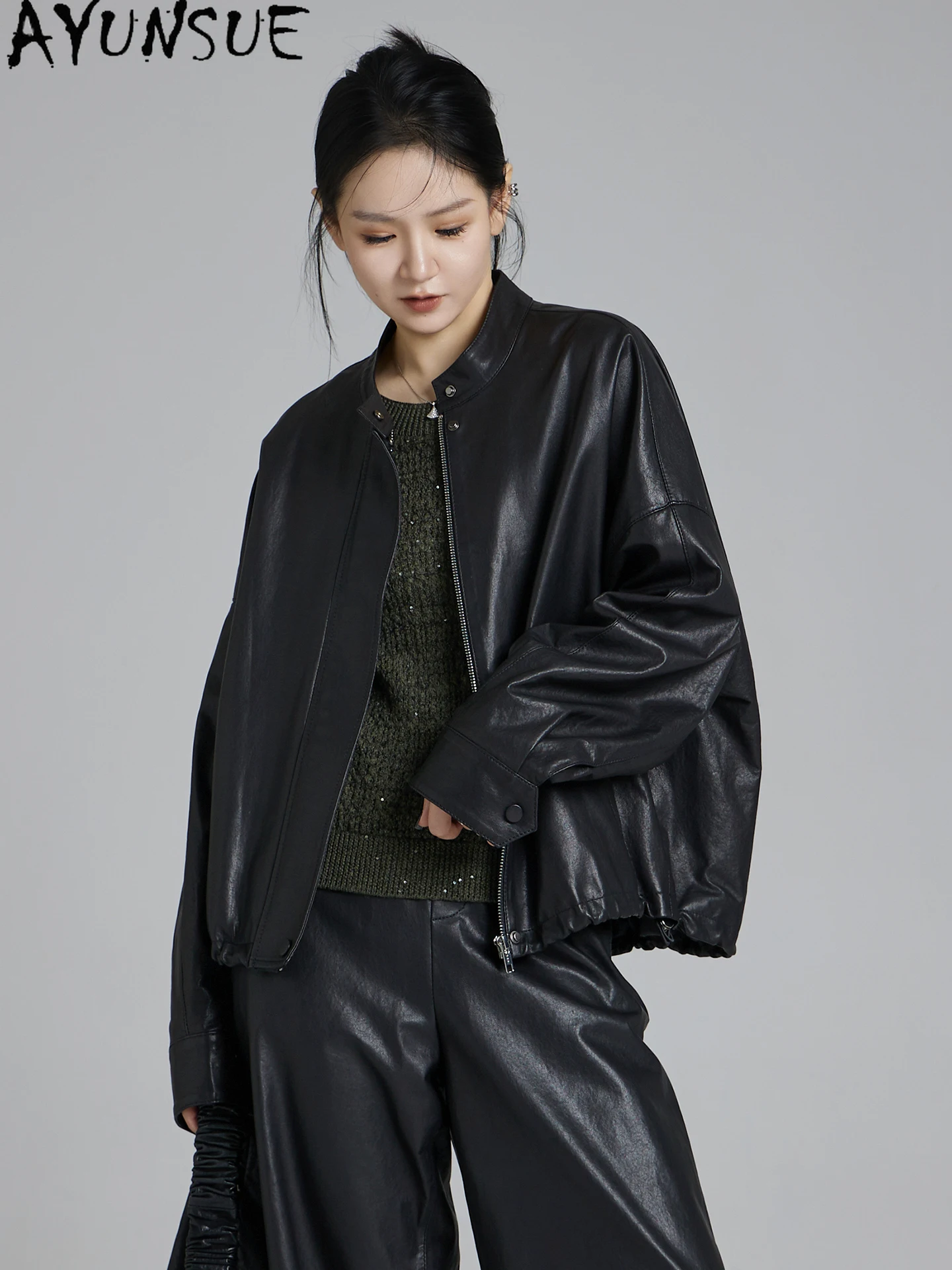 AYUNSUE سترة جلدية أصلية من جلد الغنم معاطف نسائية فضفاضة مناسبة للربيع والخريف معطف جلد 2025 أنيق Jaqueta De Couro