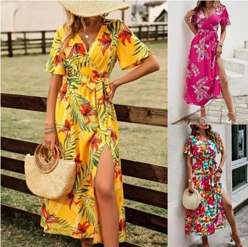 

Новое летнее женское модное платье с короткими рукавами и принтом в отпускном стиле, длинная юбка с v-образным вырезом на талии, повседневное длинное платье