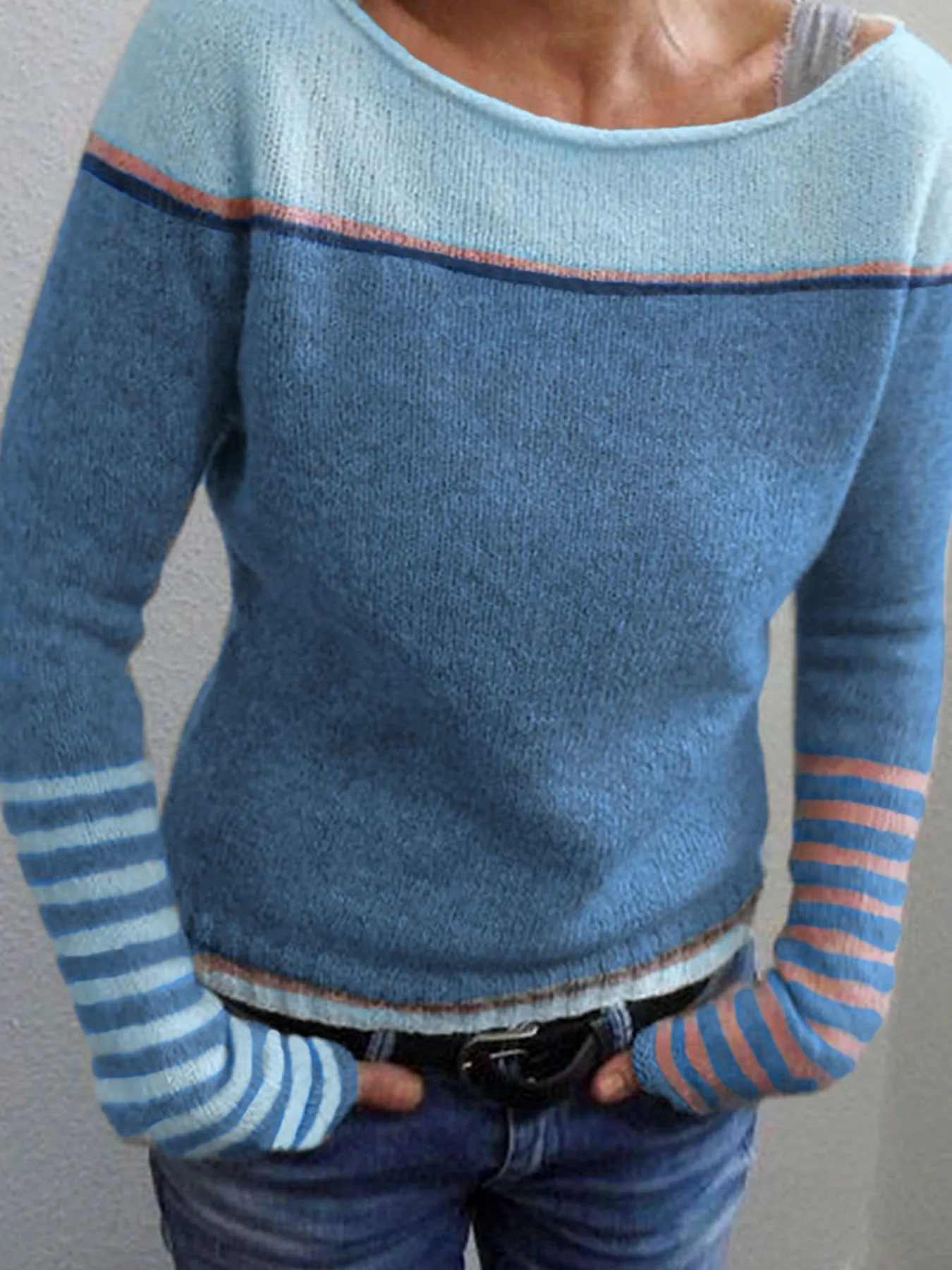 

Женская одежда - Элегантная новая осенне-зимняя вязаная рубашка с круглым вырезом, в полоску, асимметричная, контрастная, модная, с длинным рукавом, повседневный топ