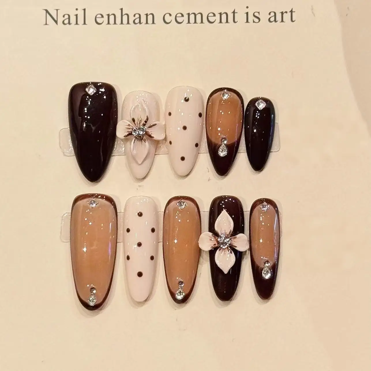 

10 PCS Luxury Handmade Press on Nails Almond Caramel color Design with 3-PIECE Tool Adhesive Nail Glue Tabs
