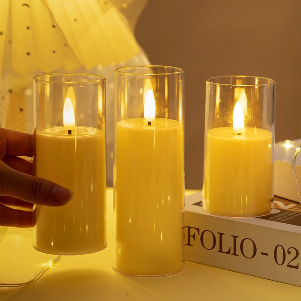 Artificial LED Flameless Candles with Batteries Acrylic Glass Flickering Pillar Tealight Candle for Festival Wedding Home Party