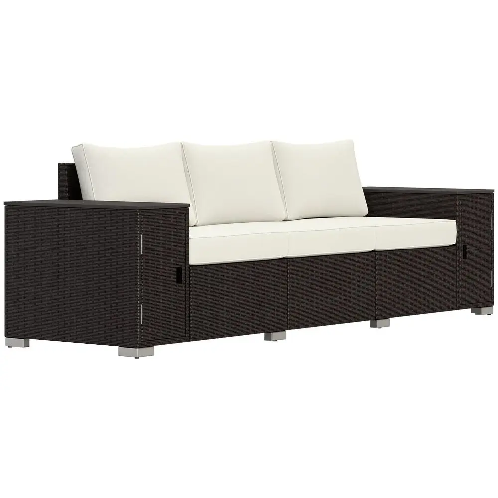 

3 Seater Wicker Sofa with 2 Storage Side Tables and Thickened Cushions, Rattan Outdoor Patio Sofa with Wide Armrests, Wicker Ou