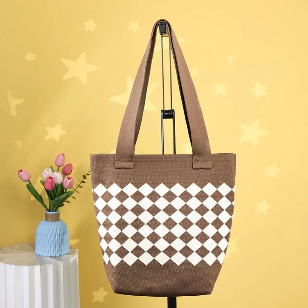 

Rhombus Knitted Knitted Shoulder Bag Plaid Comfortable Handle Crochet Tote Bag Multifunctional Portable Woven Underarm Bag