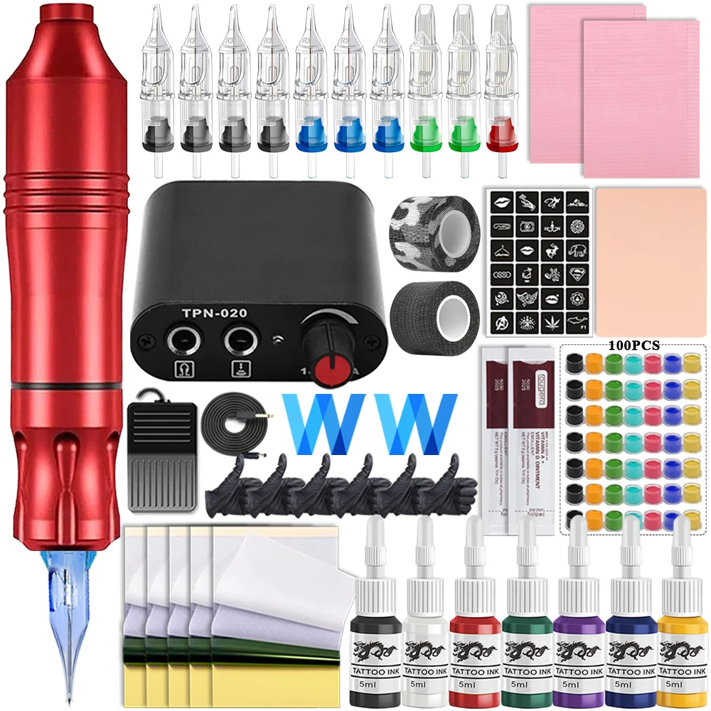 Complete Tattoo Pen Machine Kit Rotary Tattoo Gun Set Tattoo Beginner Set With Mini Power Supply for Permanent Makeup Body Arts